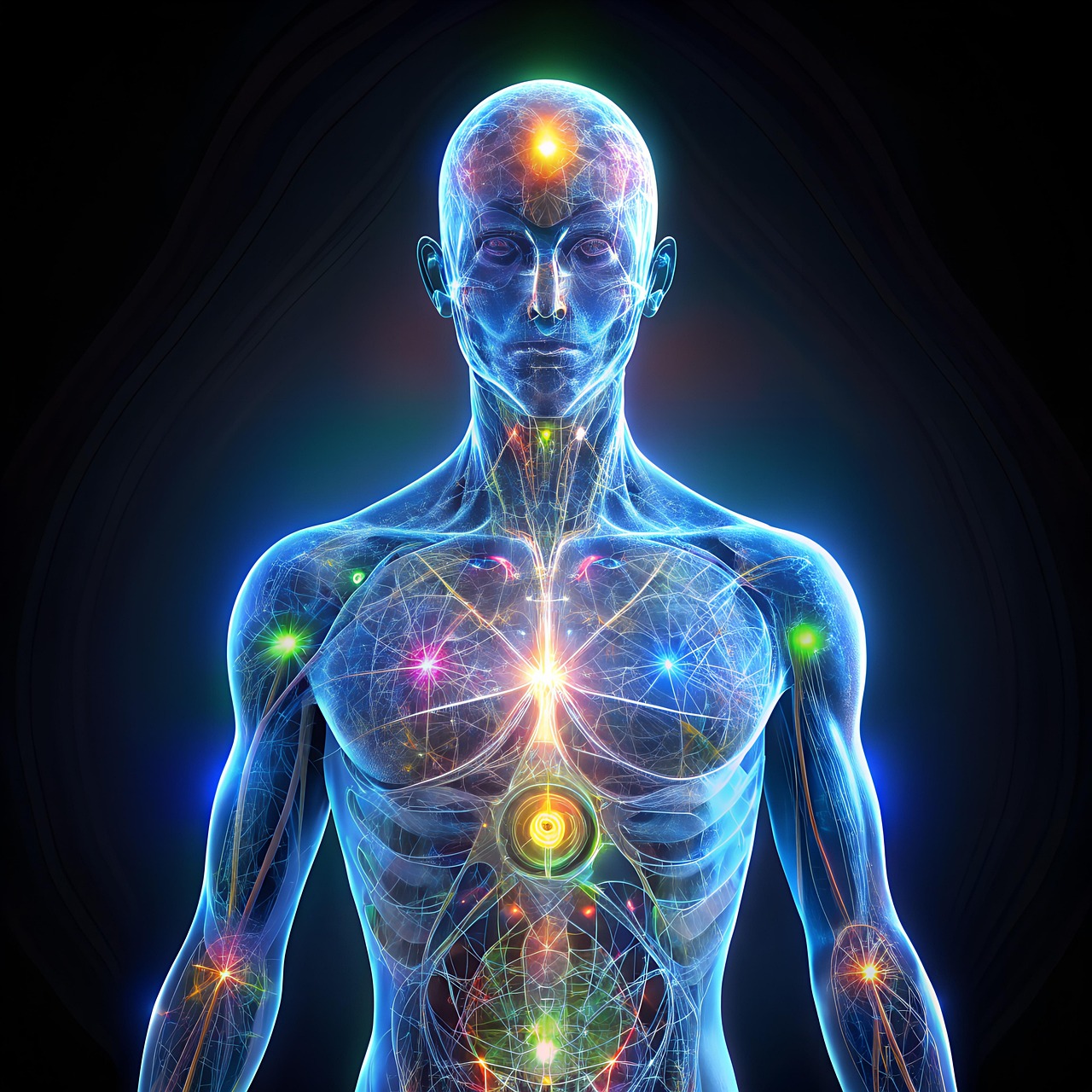 Illustration of a human body with energetic pathways mapped across it, symbolizing holistic and intuitive health evaluation.